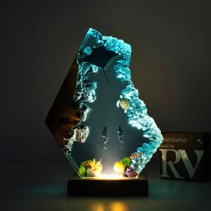 Diorama Manta Rays and Couple Diver lamp, Epoxy Resin Ocean Lamp, Deep Blue Sea, Jellyfish and Nemo, Custom Night Light, Christmas gift