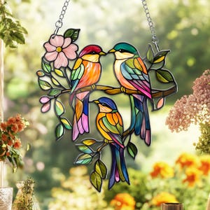 Vibrant Acrylic Birds Suncatcher – Colorful Stained Glass Style – Perfect for Window Décor – Handcrafted Suncatcher with Birds and Flowers