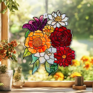 Floral Acrylic Suncatcher – Colorful Handcrafted Stained Glass Style Window Decor – Vibrant Flower Design, Gifts for flower lovers