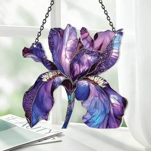 Iris Flower Window Hanging Acrylic, Purple Floral Sun Catcher, February Birth Flower Decor, Elegant Nature Ornament, Gift for Her