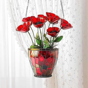 Red Poppy Acrylic Suncatcher, Faux Stained Glass Floral Window Art, Spring Home Decor Gift for Mom or Her