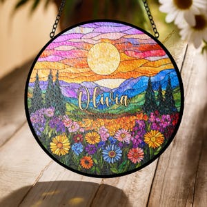 Wildflower Landscape Stained Glass Suncatcher – Sunset Mountain Floral Window Hanging Sun Catcher, Nature Scene Acrylic Ornament